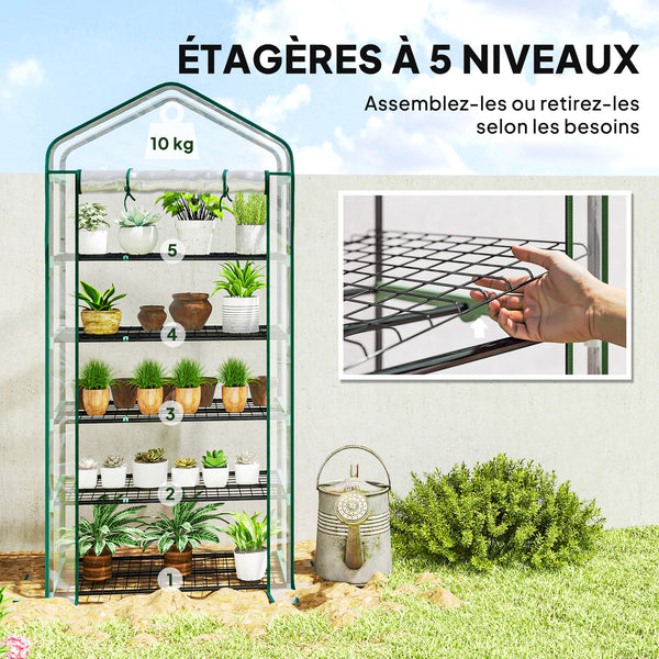 Serre de jardin avec étagères 5 niveaux, serre de balcon, bâche renforcée, châssis en acier, porte zippée enroulable, pour légumes plantes fleurs, 90x49x193cm, transparent
