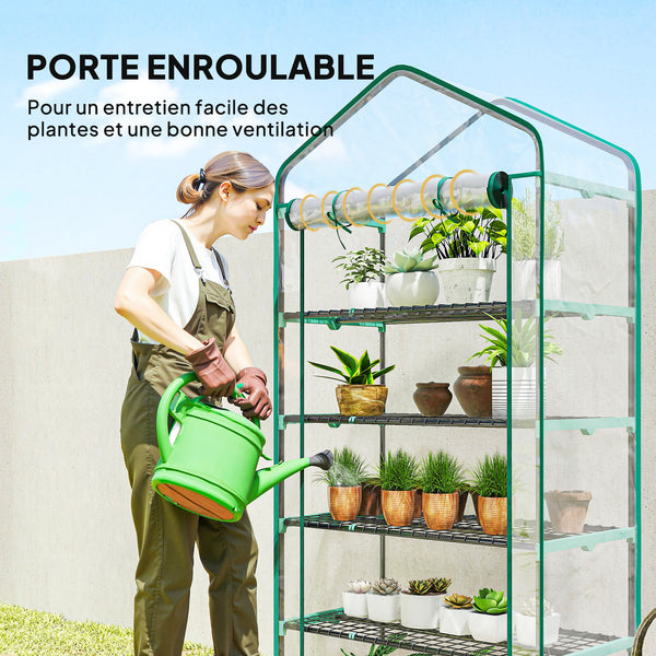 Serre de jardin avec étagères 5 niveaux, serre de balcon, bâche renforcée, châssis en acier, porte zippée enroulable, pour légumes plantes fleurs, 90x49x193cm, transparent