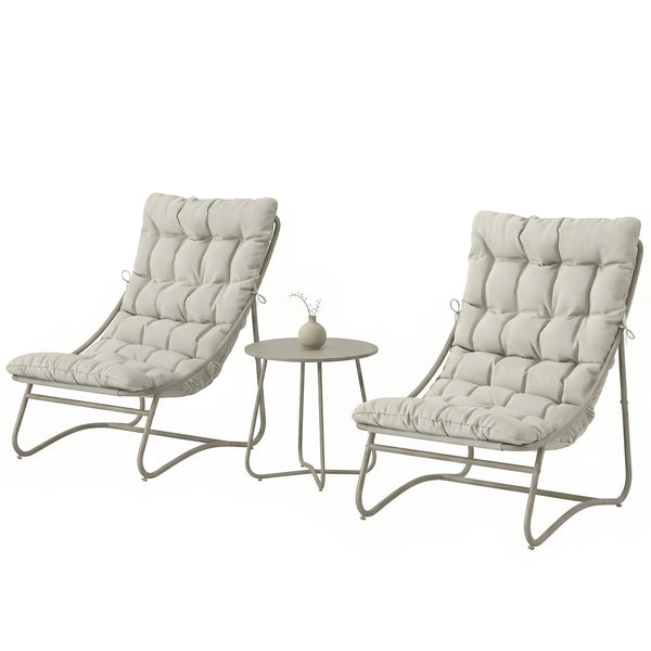 - Salon bistro 3 pièces pour 2 personnes, table ronde et chaises d'extérieur avec assise en textilène et coussins, mobilier de jardin en métal pour patio et balcon, gris clair