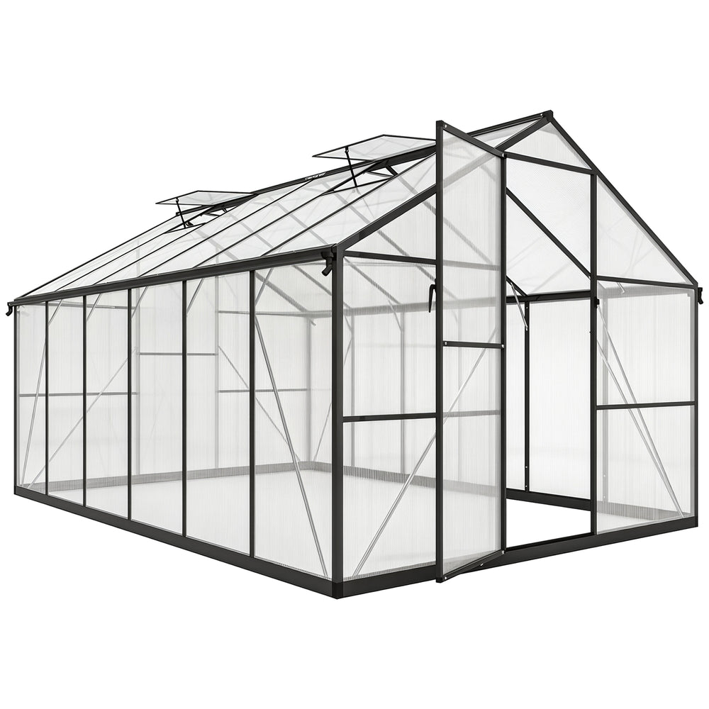 Serre de jardin en aluminium polycarbonate 8,97m² 363x247cm, serre avec fenêtres réglables, porte battante et gouttières, abri extérieur résistant aux intempéries pour plante fleur, noir