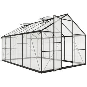Serre de jardin en aluminium polycarbonate 8,97m² 363x247cm, serre avec fenêtres réglables, porte battante et gouttières, abri extérieur résistant aux intempéries pour plante fleur, noir