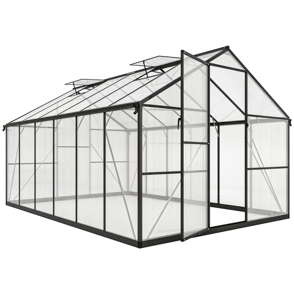 Serre de jardin en aluminium polycarbonate 8,97m² 363x247cm, serre avec fenêtres réglables, porte battante et gouttières, abri extérieur résistant aux intempéries pour plante fleur, noir