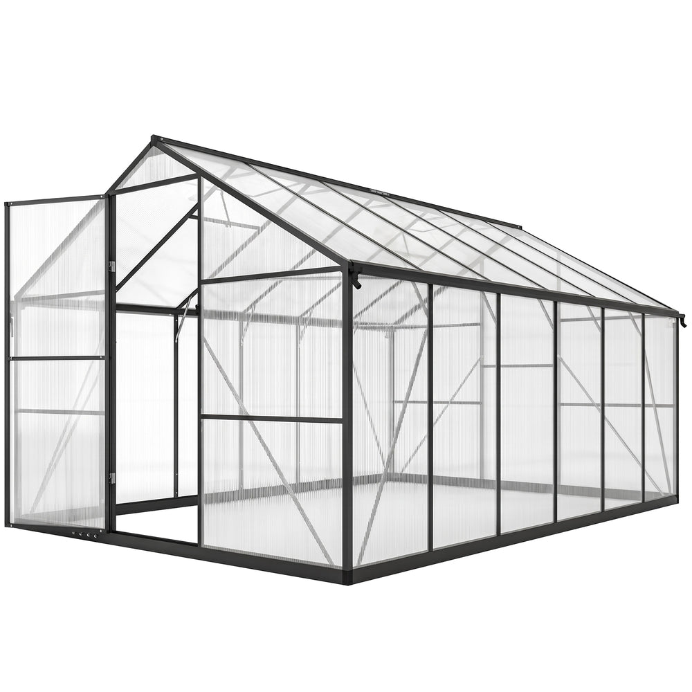 Serre de jardin en aluminium polycarbonate 8,97m² 363x247cm, serre avec fenêtres réglables, porte battante et gouttières, abri extérieur résistant aux intempéries pour plante fleur, noir