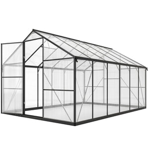 Serre de jardin en aluminium polycarbonate 8,97m² 363x247cm, serre avec fenêtres réglables, porte battante et gouttières, abri extérieur résistant aux intempéries pour plante fleur, noir