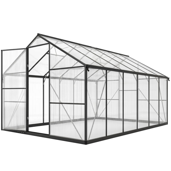 Serre de jardin en aluminium polycarbonate 8,97m² 363x247cm, serre avec fenêtres réglables, porte battante et gouttières, abri extérieur résistant aux intempéries pour plante fleur, noir