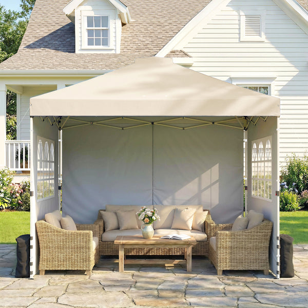 Tonnelle de jardin 3 x 3 m pop up tente pliante réglable en hauteur imperméable protection UV50+ tonnelle pliante avec 3 parois latérales sacs de sable sac de transport à Roulettes crème