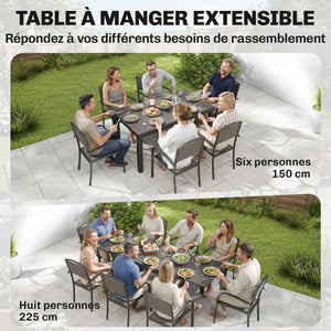 Salon de Jardin 8 Personnes - Table de Jardin Extensible 150-225cm avec Plateau Polybois et 8 Chaises - Ensemble Repas Extérieur en Aluminium pour Terrasse, Balcon et Véranda, Gris