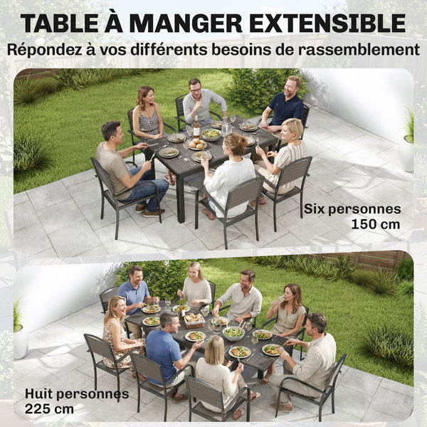 Salon de Jardin 8 Personnes - Table de Jardin Extensible 150-225cm avec Plateau Polybois et 8 Chaises - Ensemble Repas Extérieur en Aluminium pour Terrasse, Balcon et Véranda, Gris