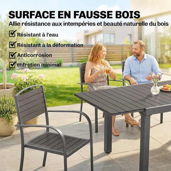Salon de Jardin 8 Personnes - Table de Jardin Extensible 150-225cm avec Plateau Polybois et 8 Chaises - Ensemble Repas Extérieur en Aluminium pour Terrasse, Balcon et Véranda, Gris