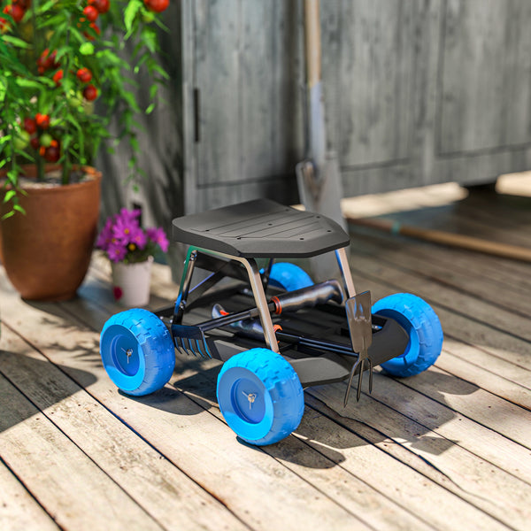 Siège de jardin sur roues tabouret de jardinage plateau à outils chariot jardinage avec siège pour désherber, planter, 50 x 49 x 32 cm bleu