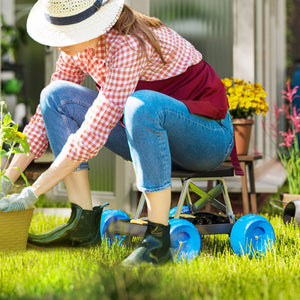 Siège de jardin sur roues tabouret de jardinage plateau à outils chariot jardinage avec siège pour désherber, planter, 50 x 49 x 32 cm bleu