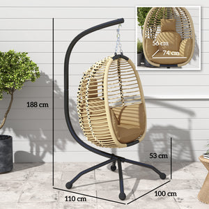 Fauteuil œuf Suspendu balancelle Pliante avec Coussin et Support Usage intérieur extérieur métal corde en polypropylène dim. 110L x 100l x 188H cm beige