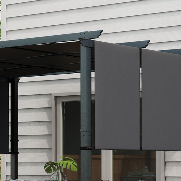 Pergola avec 3 toiles coulissantes 3,5 x 3 x 2,35 m structure acier noir toile polyester haute densité gris foncé