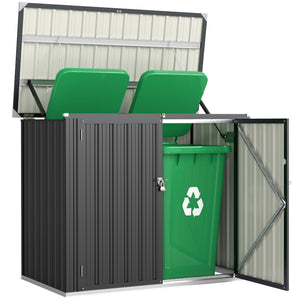 Cache Poubelle Extérieur 1,2 m², 150x80x117cm, Abri de Jardin en Acier Galvanisé pour 2 Poubelles, Double Porte à Serrures, Couvercle Relevable à Charnière, Rangement pour Vélo, Outils
