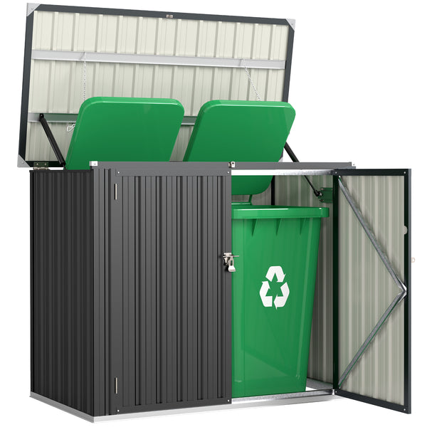 Cache Poubelle Extérieur 1,2 m², 150x80x117cm, Abri de Jardin en Acier Galvanisé pour 2 Poubelles, Double Porte à Serrures, Couvercle Relevable à Charnière, Rangement pour Vélo, Outils