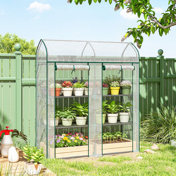 Serre de Jardin avec Étagères 3 Niveaux à Toit Pointu, Petite Serre de Balcon en Bâche PVC et Châssis Acier, 2 Portes Roulantes, pour Légumes Plantes Fleurs, 143 x 46 x 165 cm, Transparent