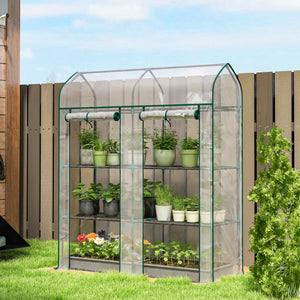 Serre de Jardin avec Étagères 3 Niveaux à Toit Pointu, Petite Serre de Balcon en Bâche PVC et Châssis Acier, 2 Portes Roulantes, pour Légumes Plantes Fleurs, 143 x 46 x 165 cm, Transparent