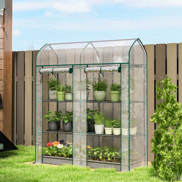 Serre de Jardin avec Étagères 3 Niveaux à Toit Pointu, Petite Serre de Balcon en Bâche PVC et Châssis Acier, 2 Portes Roulantes, pour Légumes Plantes Fleurs, 143 x 46 x 165 cm, Transparent
