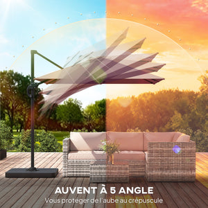 Parasol déporté carré 2,4x2,4m avec pied et dalles lestage - parasol de jardin extérieur, mât aluminium et rotatif 360° par pédale - UV50+ et inclinaison 5 positions pour terrasse, kaki