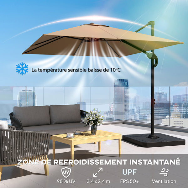 Parasol déporté carré 2,4x2,4m avec pied et dalles lestage - parasol de jardin extérieur, mât aluminium et rotatif 360° par pédale - UV50+ et inclinaison 5 positions pour terrasse, kaki