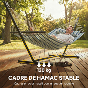 Hamac sur pied 353 cm, hamac avec support acier avec coussin amovible et barres d'écartement, pour intérieur et extérieur, lit de sieste rayé, vert