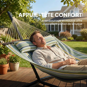 Hamac sur pied 353 cm, hamac avec support acier avec coussin amovible et barres d'écartement, pour intérieur et extérieur, lit de sieste rayé, vert