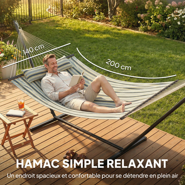 Hamac sur pied 353 cm, hamac avec support acier avec coussin amovible et barres d'écartement, pour intérieur et extérieur, lit de sieste rayé, vert