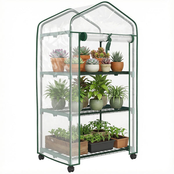 Serre de jardin PVC avec étagères 3 niveaux, serre de balcon, bâche PVC, châssis en acier, porte zippée enroulable, pour légumes plantes fleurs, 69x49x130cm, transparent
