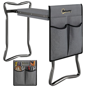 Tabouret de Jardin Pliable 2 en 1 - Agenouilloir de Jardin en Acier, Robuste, Coussin en Mousse EVA, 4 Poches à Outils Amovible - Cadeau pour Personnes Âgées, Charge 150kg, Gris