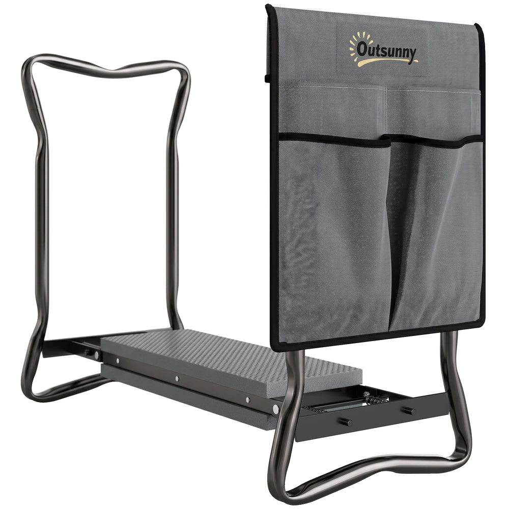 Tabouret de Jardin Pliable 2 en 1 - Agenouilloir de Jardin en Acier, Robuste, Coussin en Mousse EVA, 4 Poches à Outils Amovible - Cadeau pour Personnes Âgées, Charge 150kg, Gris