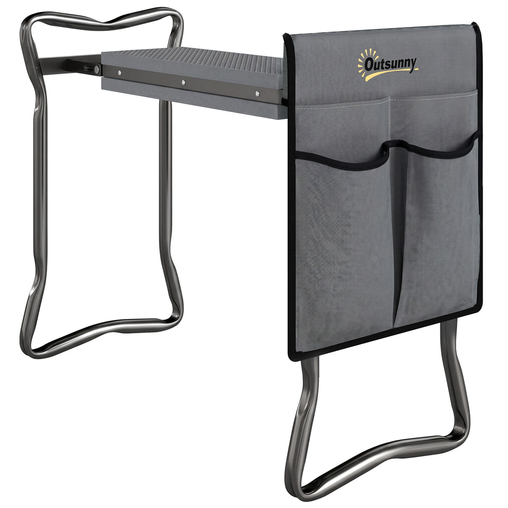 Tabouret de Jardin Pliable 2 en 1 - Agenouilloir de Jardin en Acier, Robuste, Coussin en Mousse EVA, 4 Poches à Outils Amovible - Cadeau pour Personnes Âgées, Charge 150kg, Gris