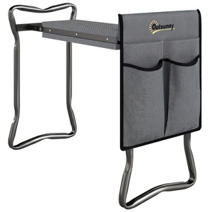 Tabouret de Jardin Pliable 2 en 1 - Agenouilloir de Jardin en Acier, Robuste, Coussin en Mousse EVA, 4 Poches à Outils Amovible - Cadeau pour Personnes Âgées, Charge 150kg, Gris