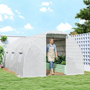 Serre de Jardin Tunnel 13,5 m² 4,5L x 3l x 2H m - 6 fenêtres, Porte zippée Enroulable - châssis Tubulaire Acier galvanisé, bâche PE Haute densité Blanc