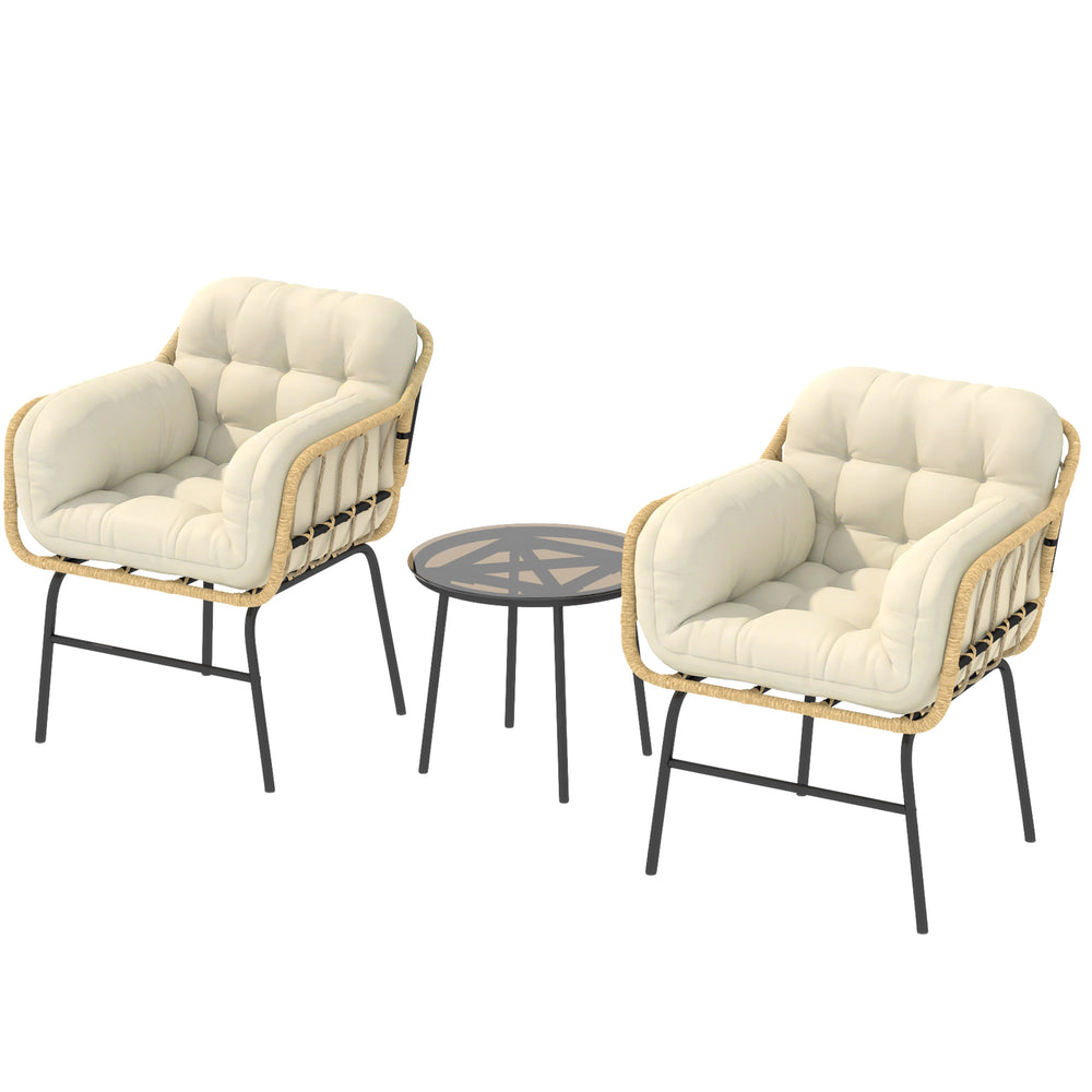 Salon de Jardin Extérieur 3 Pièces en Résine Tressée, Table Basse en Verre Trempé, 2 Fauteuils avec 2 Coussins, Mobilier de Jardin pour Balcon Terrasse Patio, Kaki