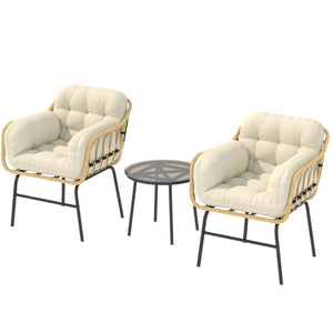 Salon de Jardin Extérieur 3 Pièces en Résine Tressée, Table Basse en Verre Trempé, 2 Fauteuils avec 2 Coussins, Mobilier de Jardin pour Balcon Terrasse Patio, Kaki