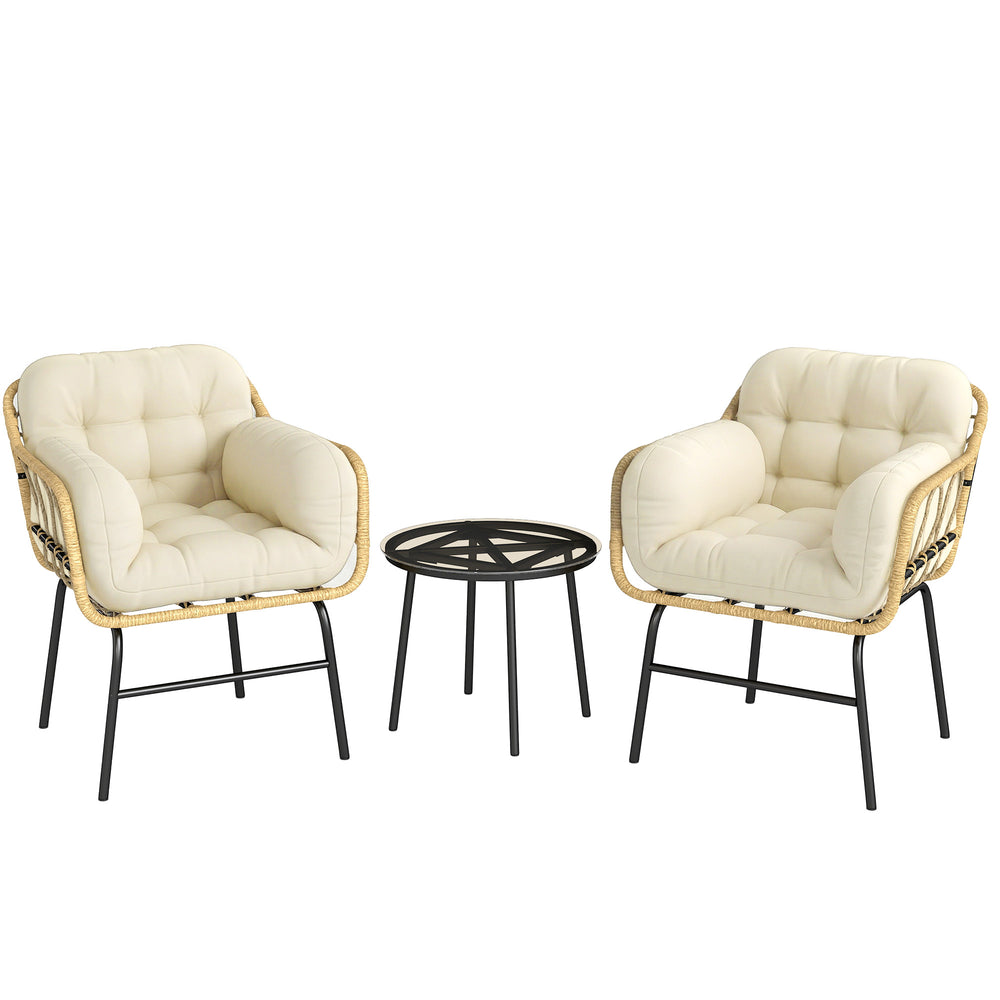 Salon de Jardin Extérieur 3 Pièces en Résine Tressée, Table Basse en Verre Trempé, 2 Fauteuils avec 2 Coussins, Mobilier de Jardin pour Balcon Terrasse Patio, Kaki