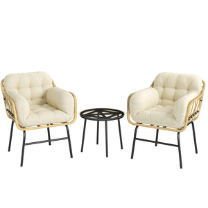 Salon de Jardin Extérieur 3 Pièces en Résine Tressée, Table Basse en Verre Trempé, 2 Fauteuils avec 2 Coussins, Mobilier de Jardin pour Balcon Terrasse Patio, Kaki