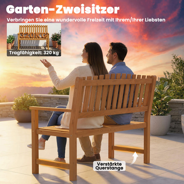 Banc de jardin 2 places en acacia FSC avec design à lattes, accoudoirs, banc jusqu'à 320 kg, pour balcon/jardin/terrasse 112 x 64 x 92 cm Bois naturel