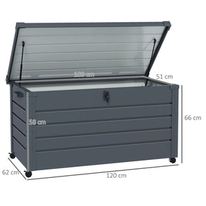 Coffre de rangement extérieur 311L coffre de jardin avec vérin à gaz, roulettes et poignée, en acier galvanisé, 120x62x66 cm, gris