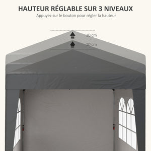 Tonnelle de jardin pliante pop-up 2 x 2 m tente de réception hauteur réglable 3 niveaux Anti-UV 30+ 3 parois latérales avec 4 sacs de sable et 1 sac de transport tissu Oxford acier gris