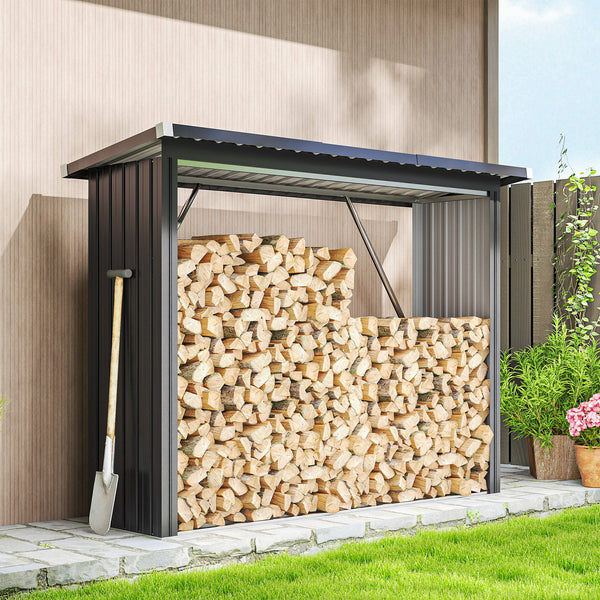 Abri-bûches Couvert en Acier Galvanisé, Support pour Bois de Chauffage Robuste, Montage Rapide, Étagère à Bûches Extérieur Plancher Surélevé Toit Incliné, 213x66,5x150cm, Gris Foncé