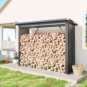 Abri-bûches Couvert en Acier Galvanisé, Support pour Bois de Chauffage Robuste, Montage Rapide, Étagère à Bûches Extérieur Plancher Surélevé Toit Incliné, 213x66,5x150cm, Gris Foncé