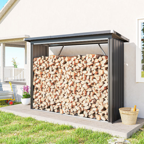 Abri-bûches Couvert en Acier Galvanisé, Support pour Bois de Chauffage Robuste, Montage Rapide, Étagère à Bûches Extérieur Plancher Surélevé Toit Incliné, 213x66,5x150cm, Gris Foncé