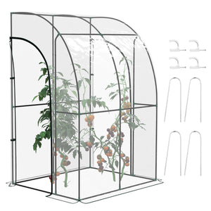 Serre de jardin adossée, serre de balcon, bâche renforcée PVC, châssis en acier, 2 portes zippées enroulables, pour légumes plantes fleurs, intérieur et extérieur, 143x118x212cm, transparent