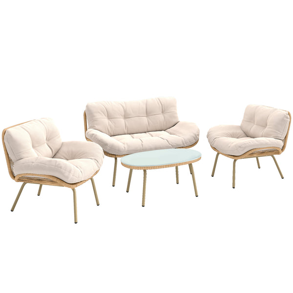 Salon de Jardin 4 Pièces en Résine Tressée - Coussin 12 cm Ultra Épais Mobilier de Jardin Chic - Ensemble Terrasse avec Canapé 138 cm, 2 Fauteuils et Table Basse en Verre Trempé, Beige