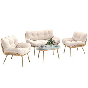 Salon de Jardin 4 Pièces en Résine Tressée - Coussin 12 cm Ultra Épais Mobilier de Jardin Chic - Ensemble Terrasse avec Canapé 138 cm, 2 Fauteuils et Table Basse en Verre Trempé, Beige