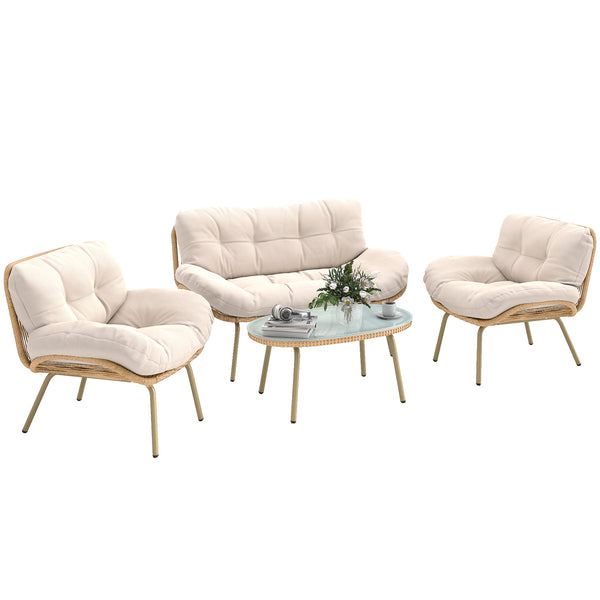 Salon de Jardin 4 Pièces en Résine Tressée - Coussin 12 cm Ultra Épais Mobilier de Jardin Chic - Ensemble Terrasse avec Canapé 138 cm, 2 Fauteuils et Table Basse en Verre Trempé, Beige