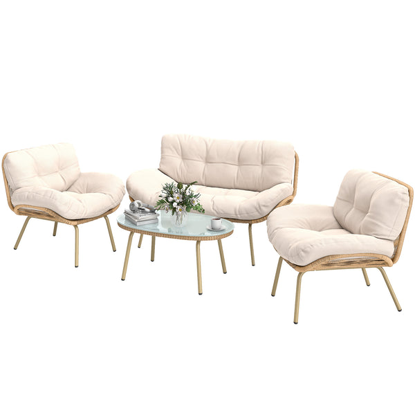 Salon de Jardin 4 Pièces en Résine Tressée - Coussin 12 cm Ultra Épais Mobilier de Jardin Chic - Ensemble Terrasse avec Canapé 138 cm, 2 Fauteuils et Table Basse en Verre Trempé, Beige