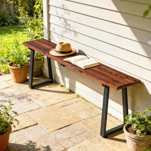 Banc de Jardin en Bois de Sapin, Sans Dossier, Industriel, Banc d'extérieur 2 Places à Effet Bois, Pieds trapézoïdaux en Acier, pour Patio Balcon Parc, Capacité 240 kg, 150x28x48cm, Carbonisé