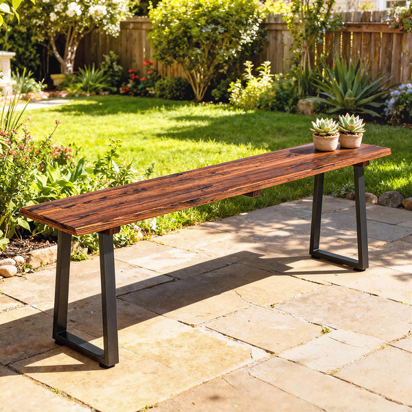 Banc de Jardin en Bois de Sapin, Sans Dossier, Industriel, Banc d'extérieur 2 Places à Effet Bois, Pieds trapézoïdaux en Acier, pour Patio Balcon Parc, Capacité 240 kg, 150x28x48cm, Carbonisé